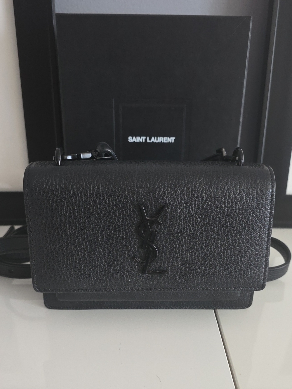 Saint Laurent Sunset Minibag Grained Calfskin Monogram Strap Wallet Black